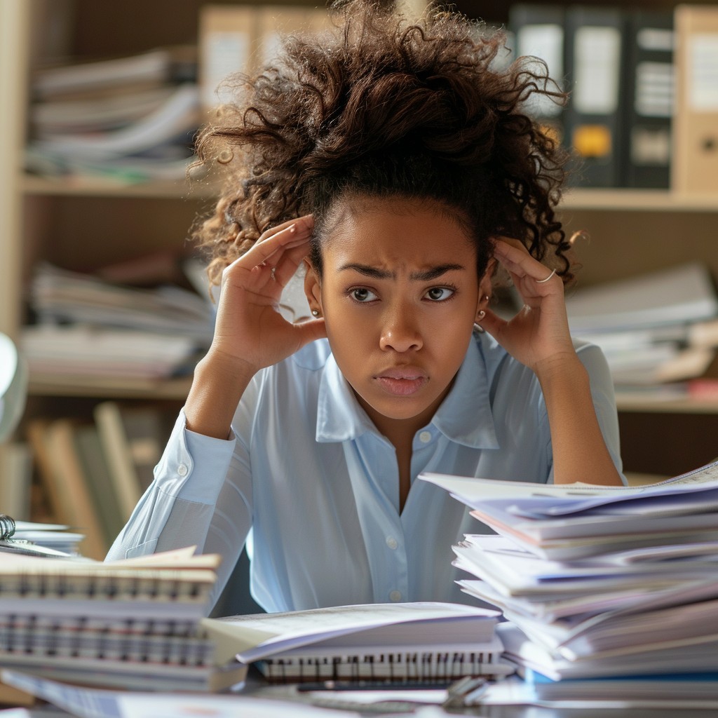 A professional woman sitting at a desk with her head in her hands, illustrating adhd paralysis in women
